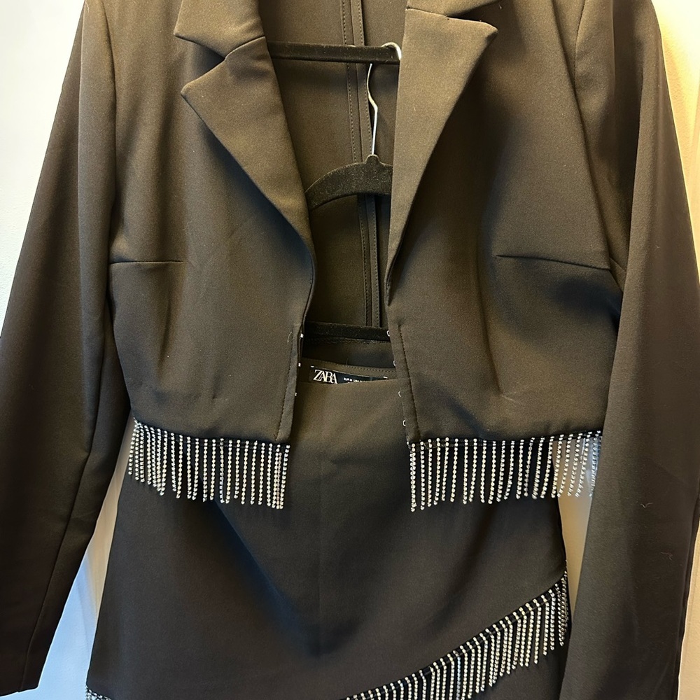 Black Fringed Women's cropped Jacket with matching skirt